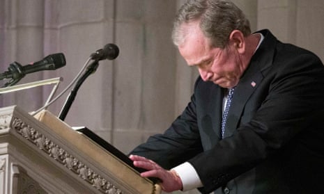 Former US President George W Bush becomes emotional as he speaks at the State Funeral for his father, former US President George HW Bush