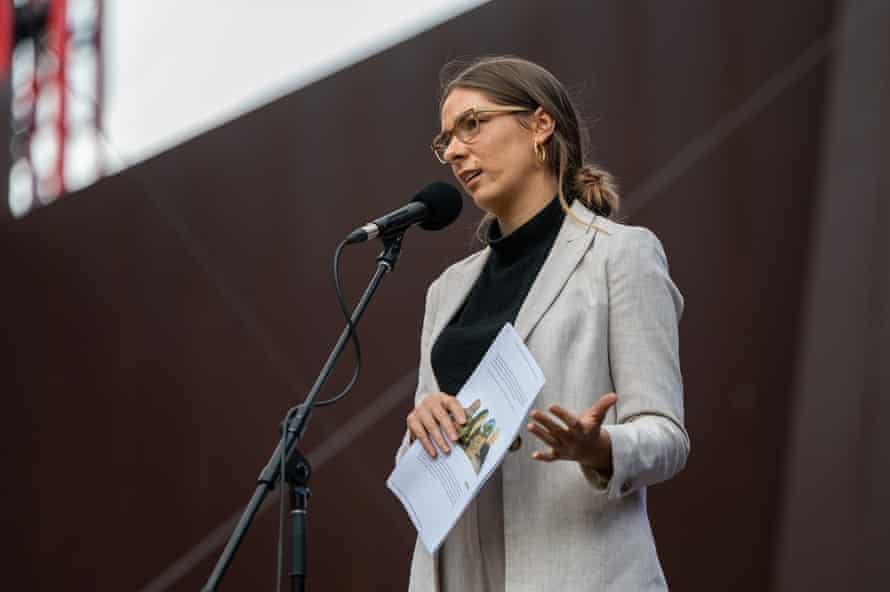Evelyn Araluen speaking at the Wheeler Centre’s Di Gribble Argument at the Malthouse Theatre in March 2021.