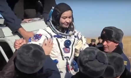 Actress, Yulia Peresild reacts after the landing of the Russian Soyuz MS-18 space capsule in a remote area southeast of Zhezkazgan in the Karaganda region of Kazakhstan