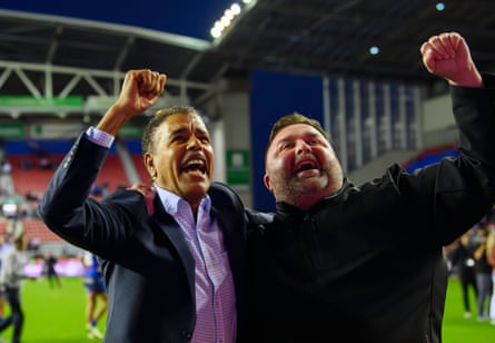 Chris Kamara with Wakefield owner Matt Ellis thank the fans and supporters after victory over Wigan.