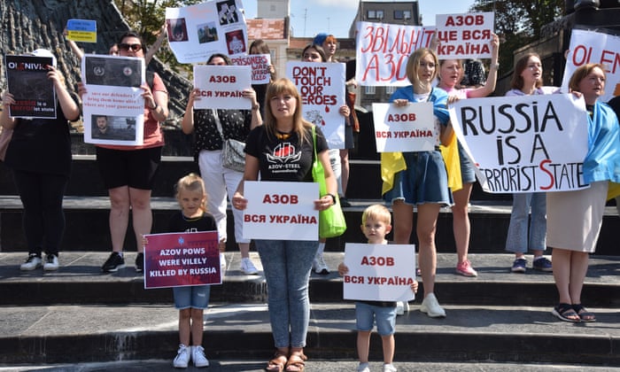 Relatives of the Azov Regiment stage a demonstration calling for the release of captured soldiers of the Azov Regiment during the visit of Ukrainian President Volodymyr Zelenskyi, Turkish President Recep Erdogan and UN Secretary General António Guterres to Lviv.