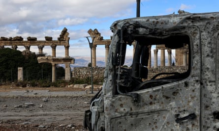 A burned-out truck near the Roman ruins at Baalbek, Lebanon, a days after the ceasefire began