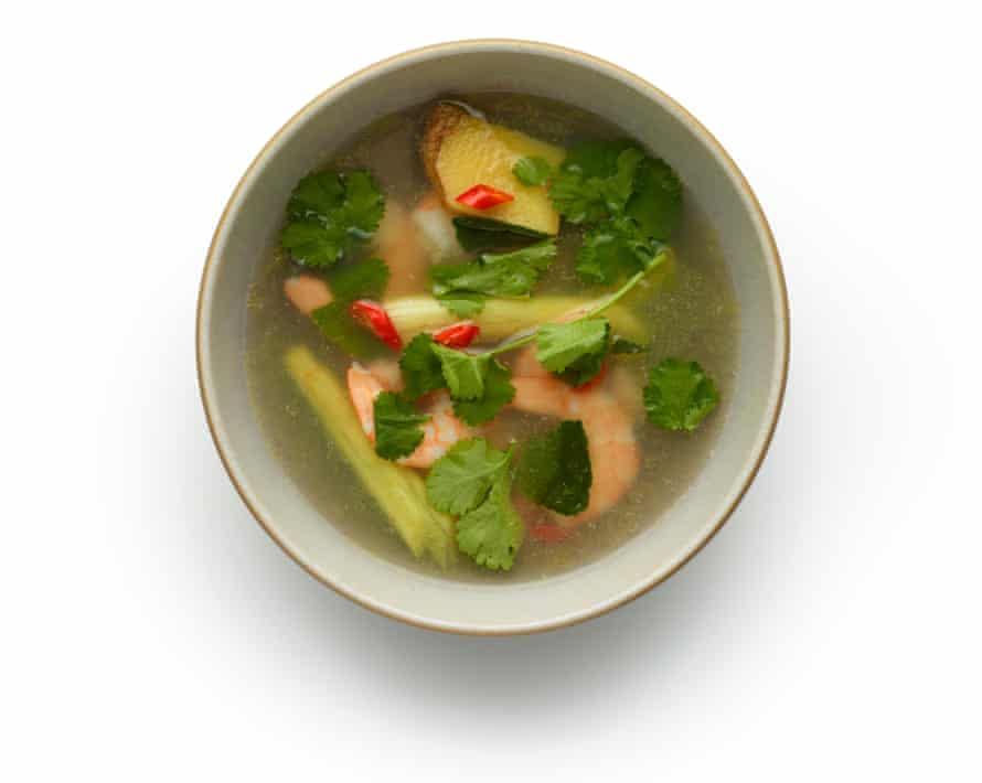 Felicity Cloake Tom yum masterclass 6: Pour the soup into bowls, making sure the shrimp are evenly divided, then tear up the fresh herbs in generous amounts and serve immediately.