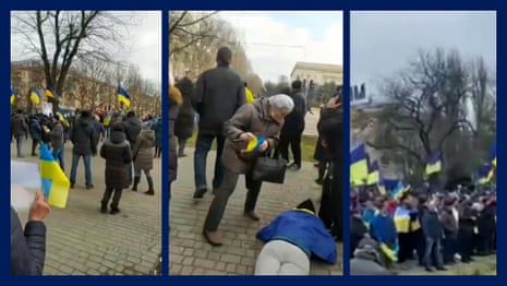 Gunfire reportedly heard as Ukrainians rally in Kherson against Russia's occupation – video