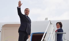Russia’s Prime Minister Dmitry Medvedev boards a plane after a meeting in Uzbekistan.