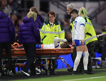 Concern for Michelle Agyemang as the young substitute is stretchered off late on