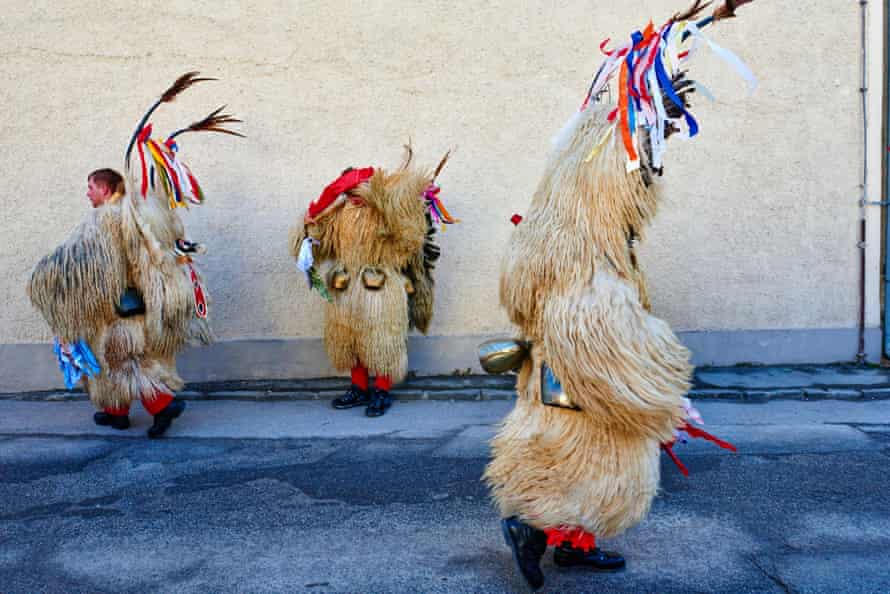 villagers in Ptuj dressed as Kurent, the protagonist of Slovenia’s oldest holiday, Kurentovanje