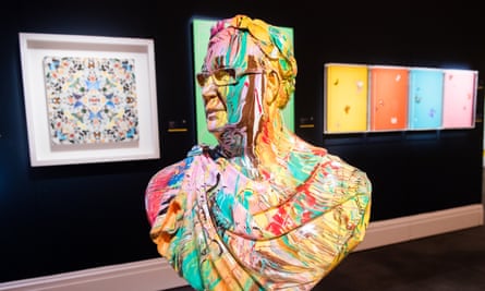 A bust of Dunphy painted in multiple vivid colours