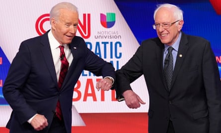 Democratic US presidential candidates Senator Bernie Sanders and former vice-president Joe Biden at the 11th Democratic candidates debate in Washington on 15 March.