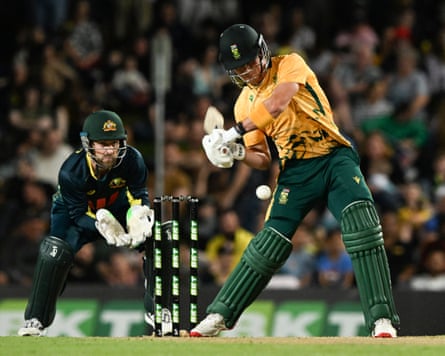 Dewald Brevis plays a shot for South Africa.