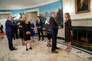 President Donald Trump and first lady Melania Trump with Sen. Kelly Loeffler (R-Ga.), left, and Sen. Thom Tillis (R-N.C.) with Judge Amy Coney Barrett, right, at a reception on the day of Barrett’s nomination inside the White House in Washington, Sept. 26, 2020. Sen. Josh Hawley (R-Mo.) is at center. (Doug Mills/The New York Times) Credit: New York Times / Redux / eyevine For further information please contact eyevine tel: +44 (0) 20 8709 8709 e-mail: info@eyevine.com www.eyevine.com