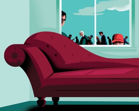 Illustration of men looking through a window at an empty therapist’s couch
