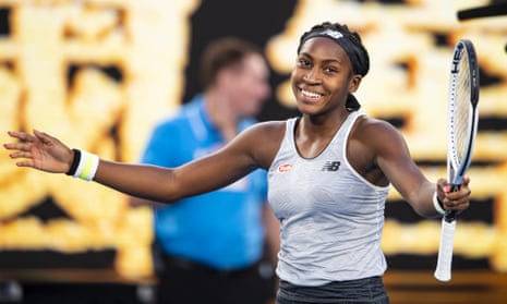 Coco Gauff of the United States celebrates after winning match point against Naomi Osaka.