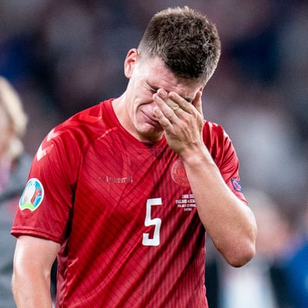 Joakim Mæhle reacts to the end of Denmark’s run.