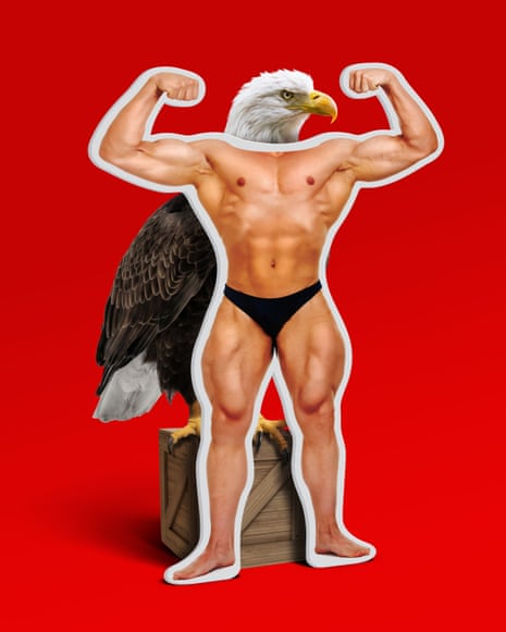 A bald eagle behind a cutout of a flexing bodybuilder against a red background