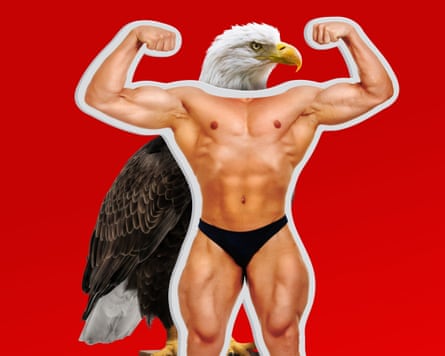 A bald eagle behind a cutout of a flexing bodybuilder against a red background