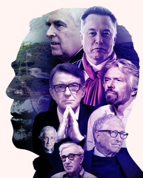 A silhouette image of Jeffrey Epstein's head with photos within it of Andrew Mountbatten-Windsor, Elon Musk, Richard Branson, Peter Mandelson, Noam Chomsky, Bill Gates, Woody Allen