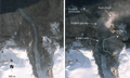 Aerial view of fjord before and after landslide and tsunami