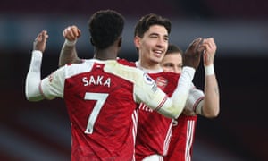 Bellerin celebrates scoring Arsenal’s third goal with Bukayo Saka