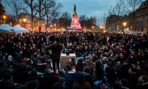Demonstrators gather in Place de la République for a peaceful sit-in as part of the Nuit debout movement