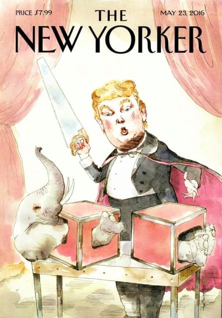 Watercolour illustration of Trump doing a magic trick cutting an elephant in half.