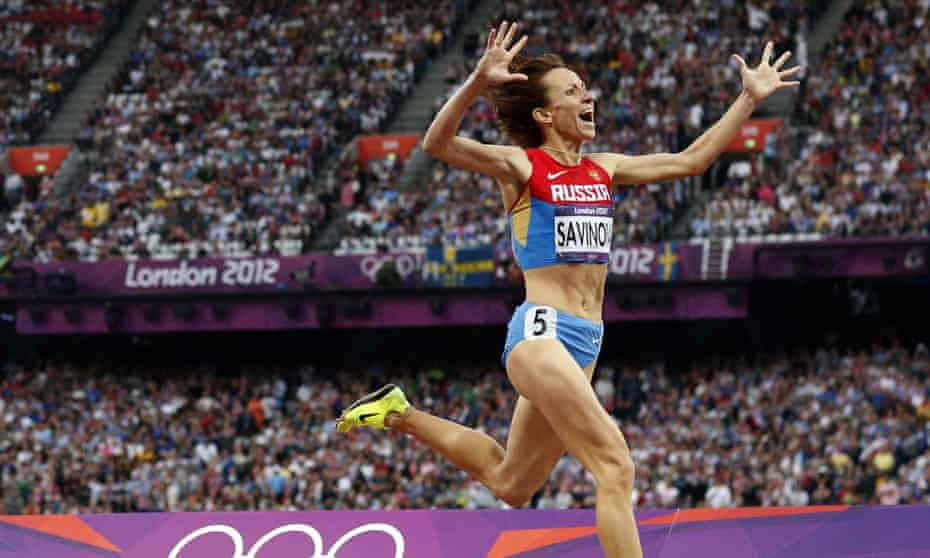 Russia’s Mariya Savinova crosses the finish line to win gold in the women’s 800m final at the 2012 games – she is one of five athletes recommended by the report to be banned for life.