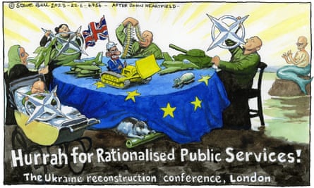 Steve Bell cartoon, 22/06/23: military types seated around table gorge on weapons