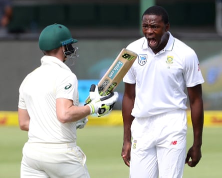 Rabada celebrates taking the wicket of Smith in 2018.