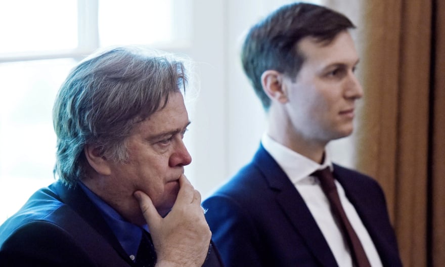 Jared Kushner and Steve Bannon at the White House. Bannon will return to Breitbart as executive chairman.