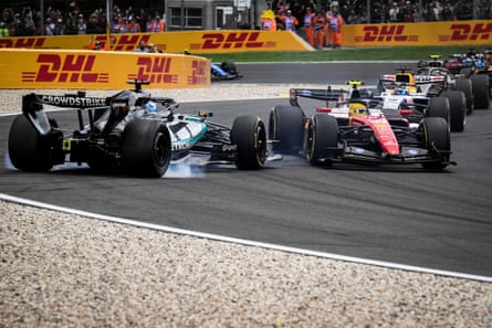 George Russell loses power of his Mercedes aft interaction pinch Lewis Hamilton’s Ferrari connected nan opening lap.