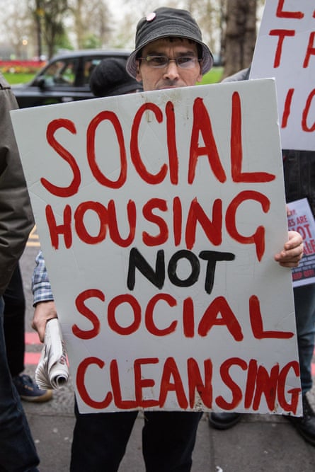 Activists in London campaigning for social housing and against gentrification and social cleansing .