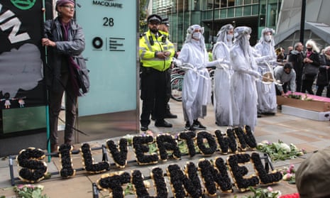 Protesters meet outside the Macquarie main offices in October 2021 to demonstrate against plans for the Silvertown tunnel.