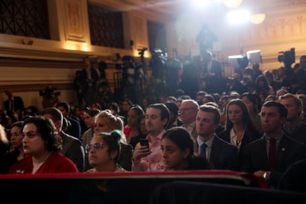 Attendees look on as Joe Biden speaks about threats to Democracy and political violence on Wednesday.