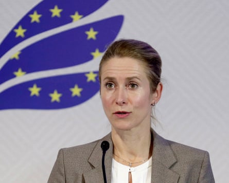 EU foreign policy chief Kaja Kallas speaking into a microphone