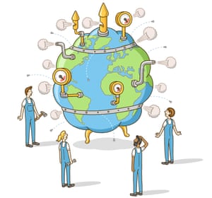 Illustration of a misshaped globe with pipes and smoke coming out of it and people standing around looking up at it, helpless