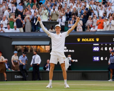 Jannik Sinner celebrates winning the Wimbledon men’s singles final against Carlos Alcaraz