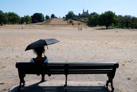 A woman shields herself from the sun with an umbrella while sitting on a bench in Greenwich Park, where the grass is dried to the colour of sand. A woman shields herself from the sun with an umbrella while sitting on a bench in Greenwich Park, where the grass is dried to the colour of sand.