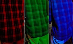 The shirt was shot under four pulsating nightclub lights: red, blue, green and white