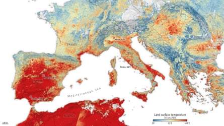 A heat map showing deep red on Spain, northern Africa, southern France and parts of Italy and Cyprus