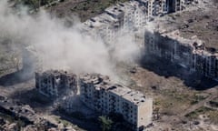 A drone view shows destroyed buildings in the frontline town of Chasiv Yar. 