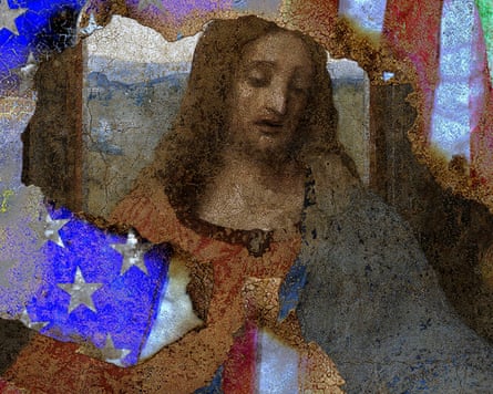Torn fragments weaving a US flag with Jesus as depicted in Leonardo da Vinci’s The Last Supper