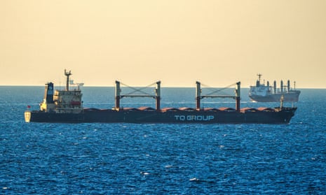 A grain ship anchored in the Black Sea near the  Bosphorus Strait