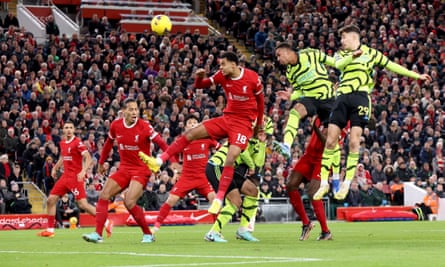 Gabriel Magalhães powers his header home to give Arsenal an early first-half lead