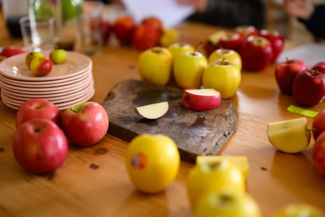 A table covered in apples