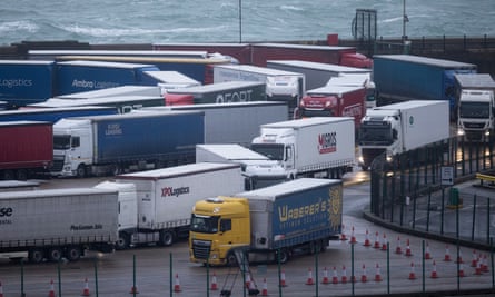 lots of lorries and the English Channel in the background