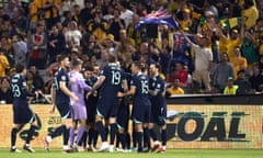 FBL-WC-ASIA-2026-AUS-LBN<br>Australia's John Iredale (R) celebrates with teammates after scoring a goal during the FIFA World Cup 2026 qualifier football match between Australia and Lebanon at Bruce Stadium in Canberra on March 26, 2024. (Photo by DAVID GRAY / AFP) / -- IMAGE RESTRICTED TO EDITORIAL USE - STRICTLY NO COMMERCIAL USE -- (Photo by DAVID GRAY/AFP via Getty Images)