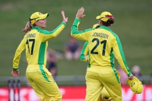 Meg Lanning celebrates the wicket of Hayley Jensen.