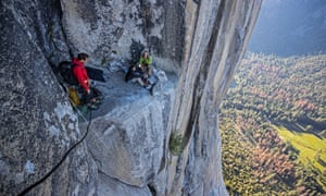 Alex Honnold, left, meets other climbers as he practises on El Capitan’s Freerider route in Free Solo