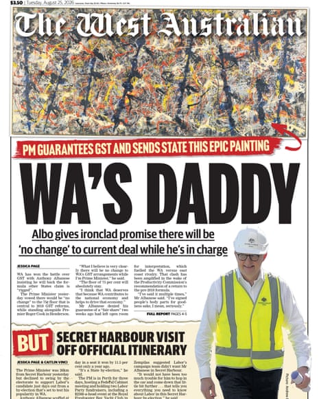 Front page of the The West Australian, Tuesday 25 August.