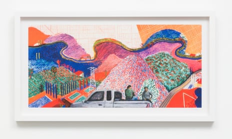Mulholland Drive: On the Road to David’s Studio (after David Hockney’s Mulholland Drive: The Road to the Studio, 1980), by Ramiro Gomez.